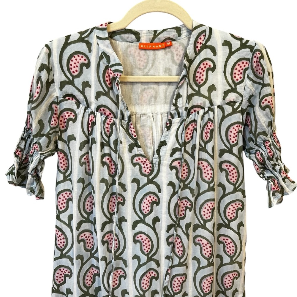 Oliphant Smocked Drop Waist Mini Dress Green Pink Block Print Size Medium Spring - Picture 2 of 6